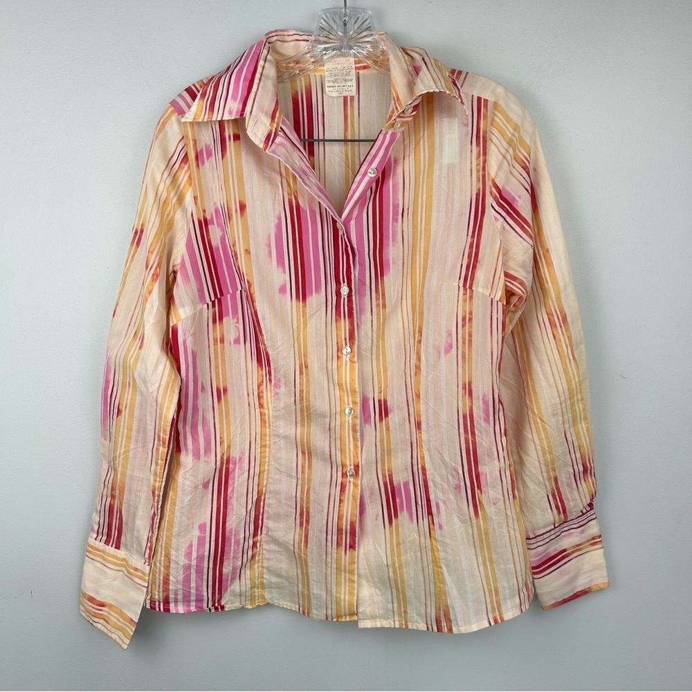 Naracamicie Striped Pink and Yellow Tie-Dye Wrinkle Button-Up Shirt Sz III or 6